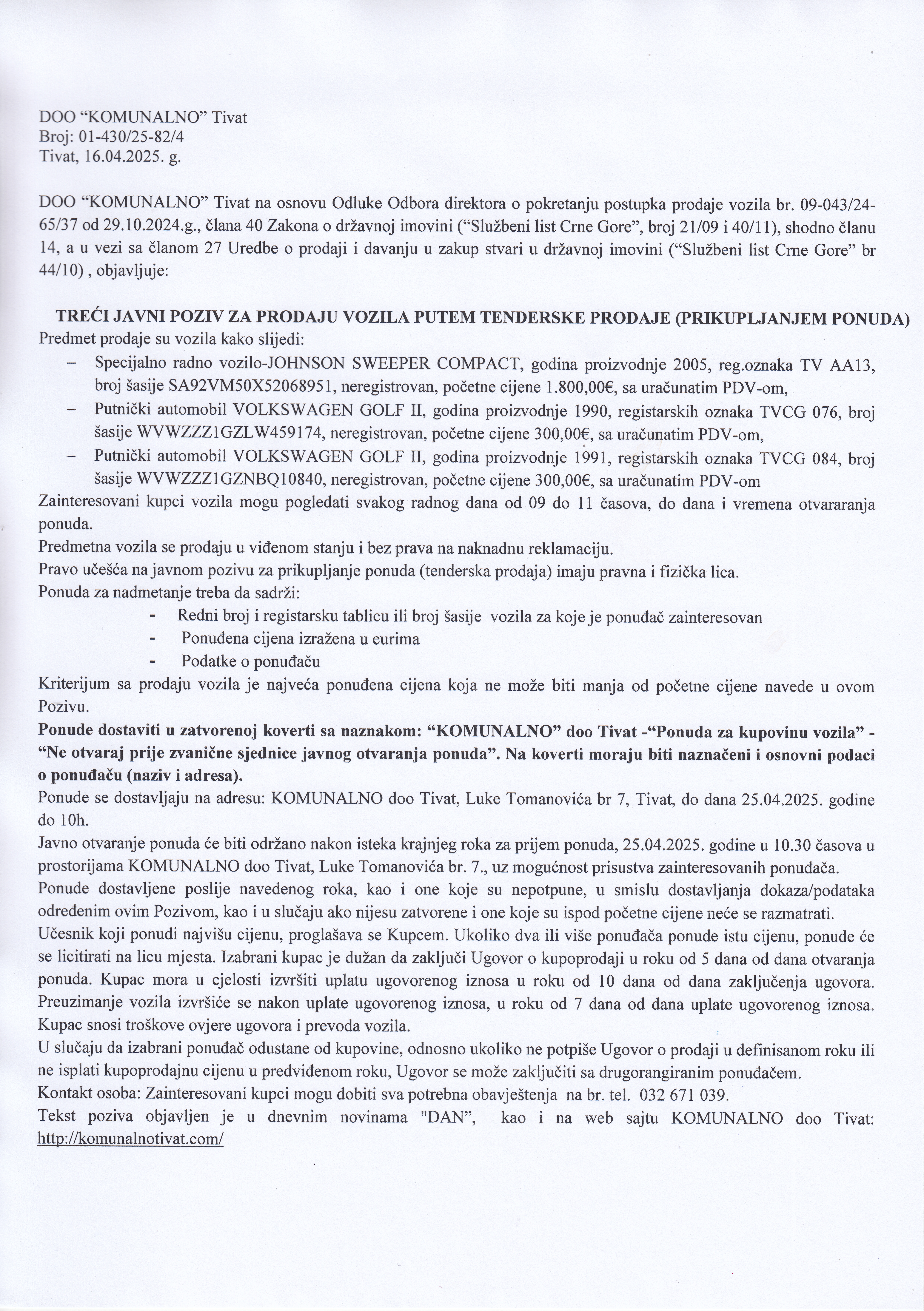 TREĆI JAVNI POZIV ZA PRODAJU VOZILA PUTEM TENDERSKE PRODAJE (PRIKUPLJANJEM PONUDA)